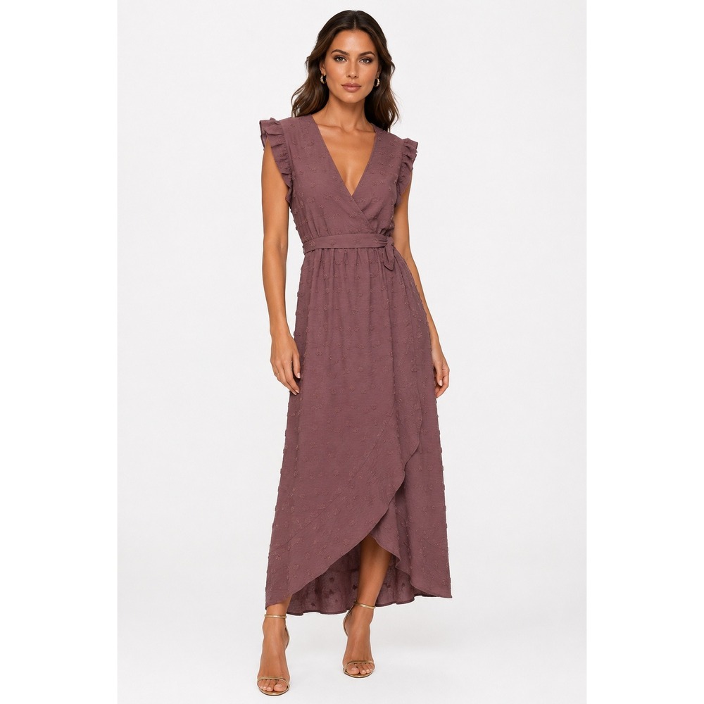 Daniel Rainn Ashley Flutter Sleeve Maxi Dress Dark Purple Clip Dot Petite LP